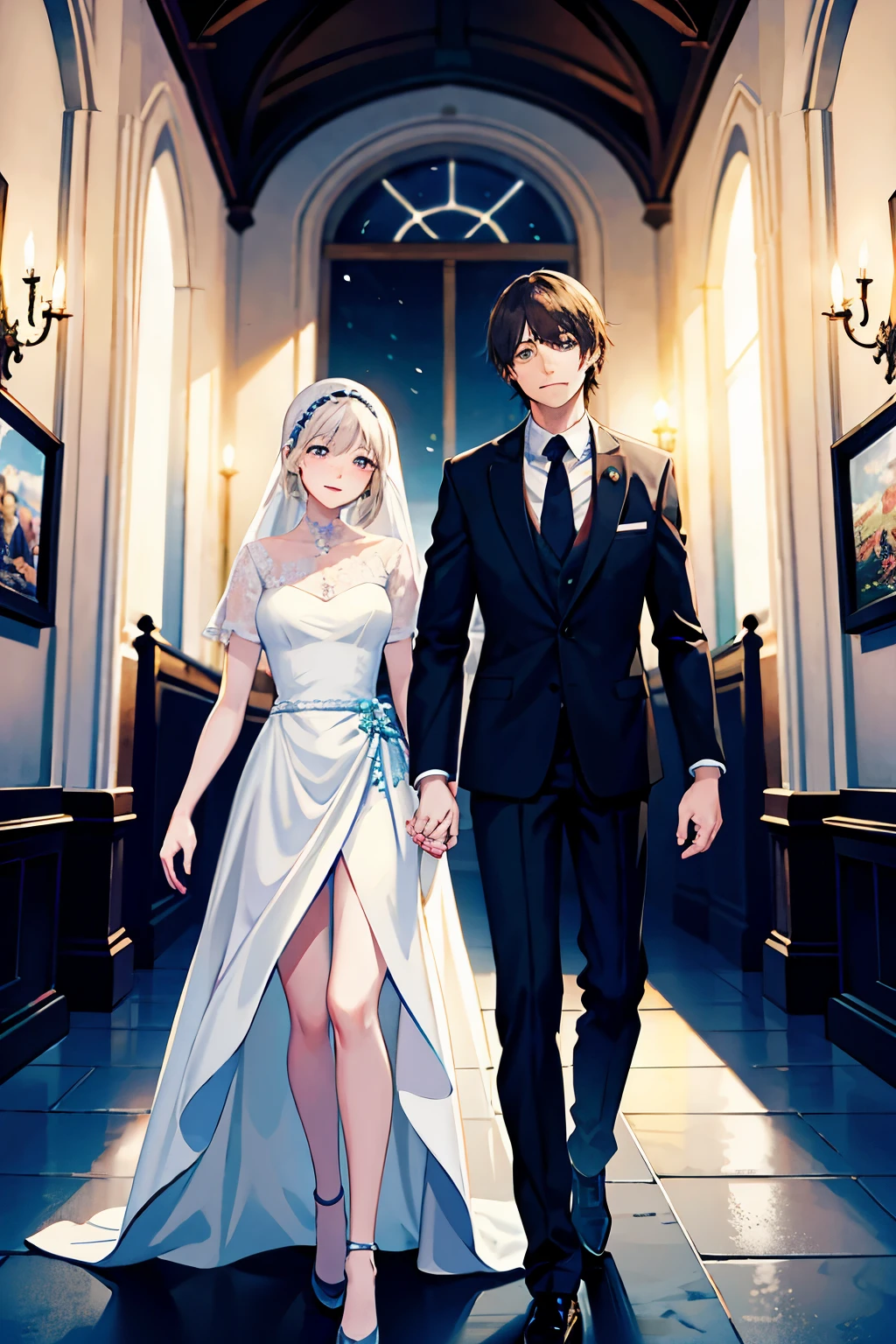 Realistic, personality: [Mary and John walk away from the reunion hall hand in hand, their faces expressing hope and the promise of a new beginning. Their interconnected hands are rendered in exquisite detail, symbolizing their unbreakable bond and a promising future in this hyper-realistic scene created using Unreal Engine version 5.2 in a 16:9 aspect ratio.]