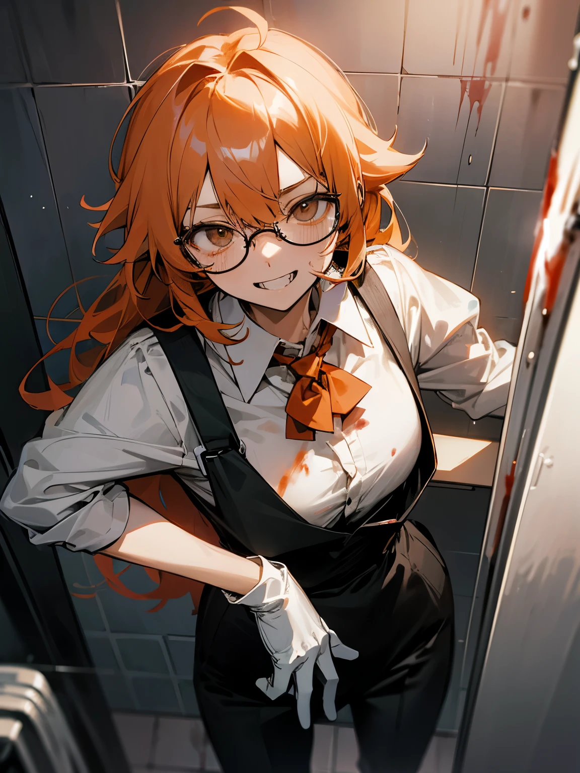 dull orange messy hair、long medium hair、Less hair、Black glasses、Square glasses、glasses with thick frames、slanted eyes、pale eyes、nosebleed、sharp teeth、grin、16 years old、bath、bathの中に血、full of blood、Blood droplets、white gloves、black clothes、black pants、wears a white collared shirt underneath、red blood、thin、blood flows from the shower、apron、Cleaning、Blood is flowing