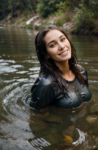 best quality, photorealistic, highly detailed, portrait, ((girl wearing trail-running shorts)), (topless), washing her hair under a waterfall