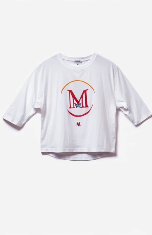 Logo with M and moon. This logo belongs to brand “Mahtab”. This logo is printed on oversized white t-shirt, a Girl wears this oversized t-shirt.(((logo with letter “M”))),(((logo with letter “M”))),(((logo with letter “M”))),(((logo with letter “M”))),