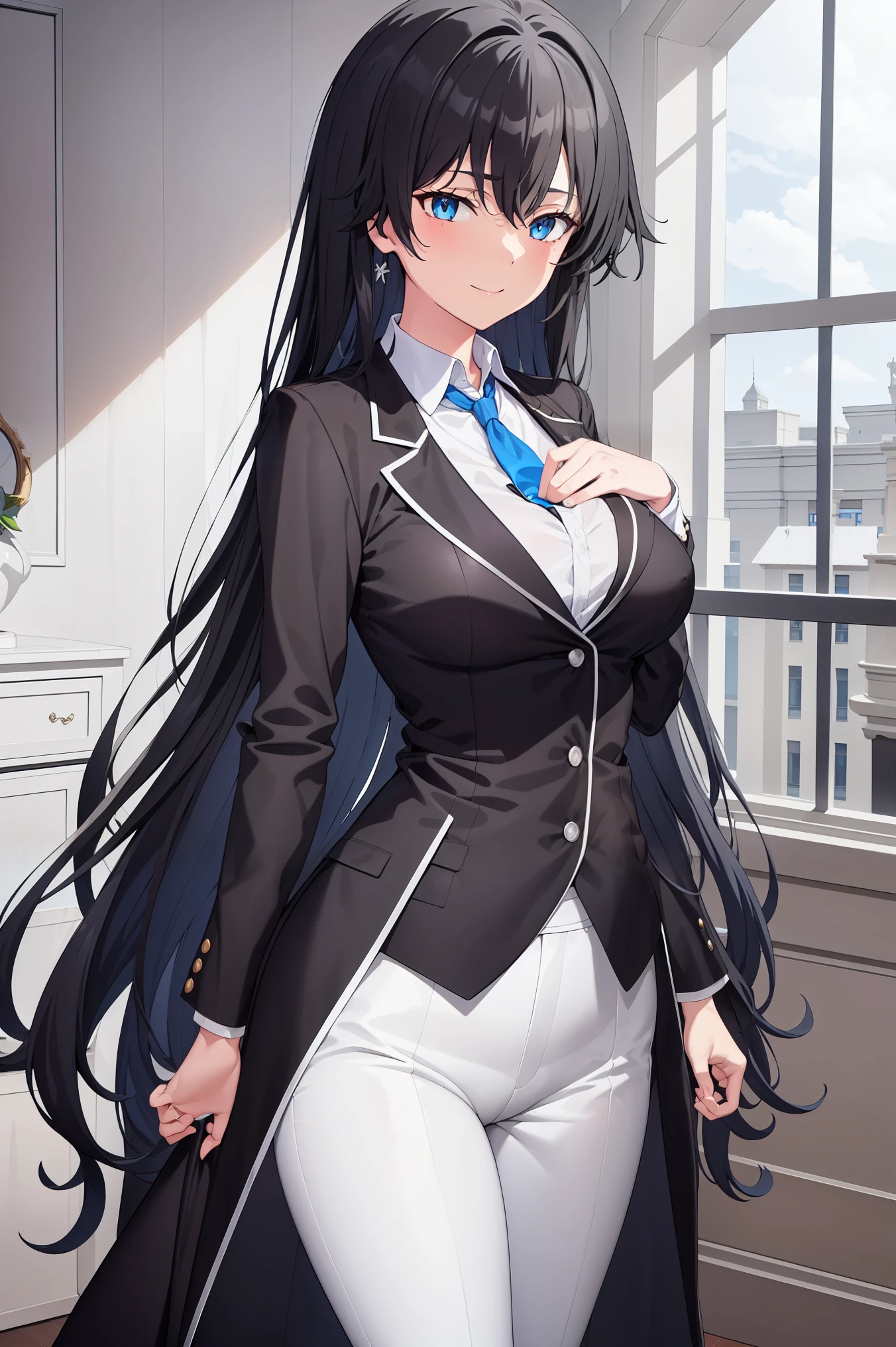 ((best quality)), ((masterpiece)), (detailed) 1girl, ;\), blurry, blurry_background, breasts, , hair_long looking_at_viewer, ok_sign, open_hand, Yukinoshita Yukino ,Woman wearing formal clothes, An attractive coat stands in a large gap in the room , 1girl, 独奏, blue necktie, Black hair, eyes blue, long hair, smile , collared shirt, white pants, white shirt , Elegantly designed coat , Stand in front of a window ,Perfectly tailored tailcoat. It has a stunning Victorian design and is made of lustrous fabric
