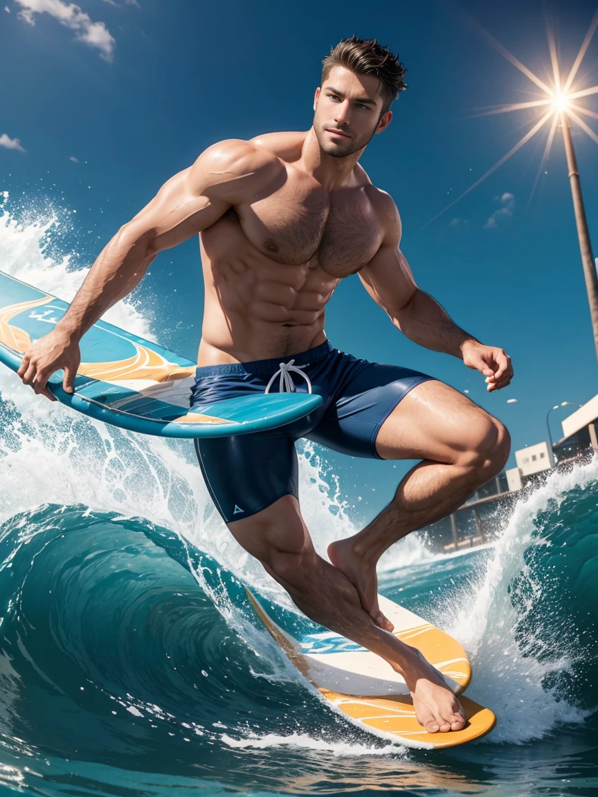 8k，8K resolution，2 Muscular Europeans, handsome man，charming eyes，rough real skin,beautiful, smooth and shiny，Full muscles，Thick body hair， (Wearing fashionable swimming trunks)，big bag，emphasize，(Sea surfing)，Two men are brave，两个人分别前后在Sea surfing互相追逐，The waves are high，Dashing out of the waves quickly on a skateboard with both feet，Beautiful and professional pose，professional lighting，Professional photography，Realistic photos，realistic model，realistic art