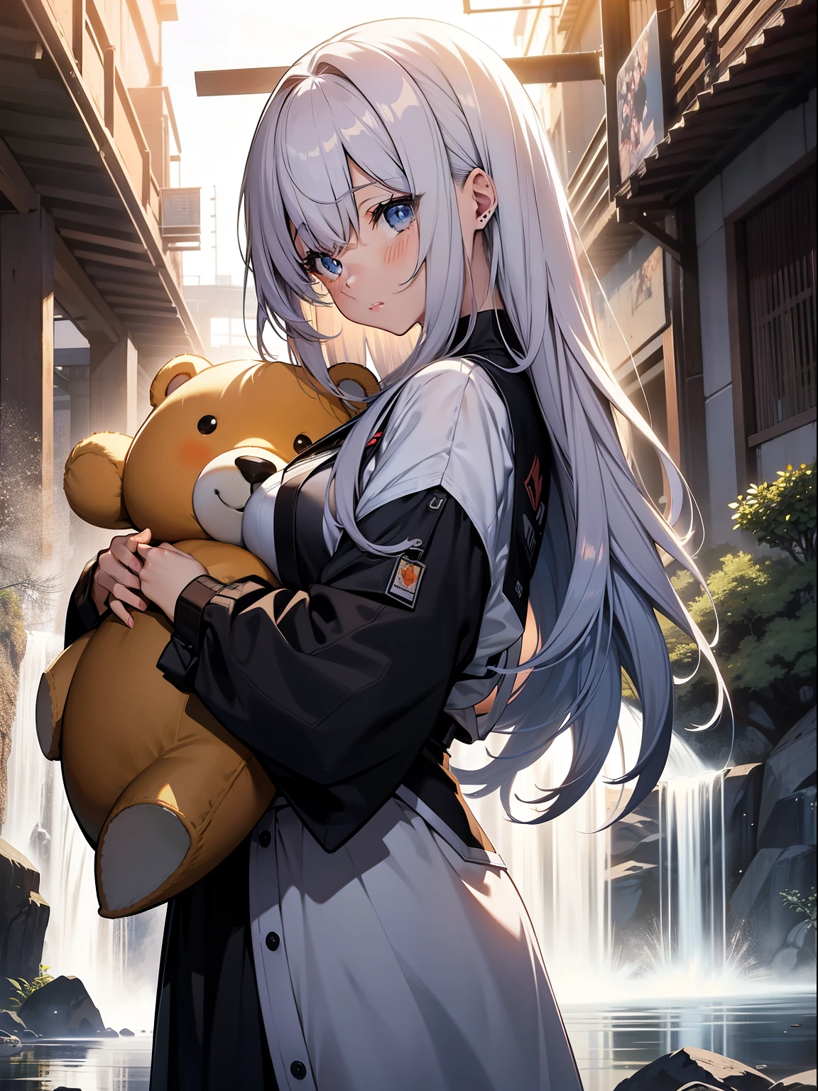Amidst the digital realm of Pixiv, an intricately crafted anime illustration emerges, brought to life by the skilled brushstrokes of the renowned artist, Guweiz (1.2). The image, rendered in high-definition 8K, bestows a surreal sense of realism upon us. At the heart of this enchanting scene stands a cute anime girl (1.3), her long, flowing locks cascading down her back like a waterfall, framing her adorable face. In her tender hands, she cradles a teddy bear (1.3), its stuffed body soft and inviting.
Beneath the luminous, soft