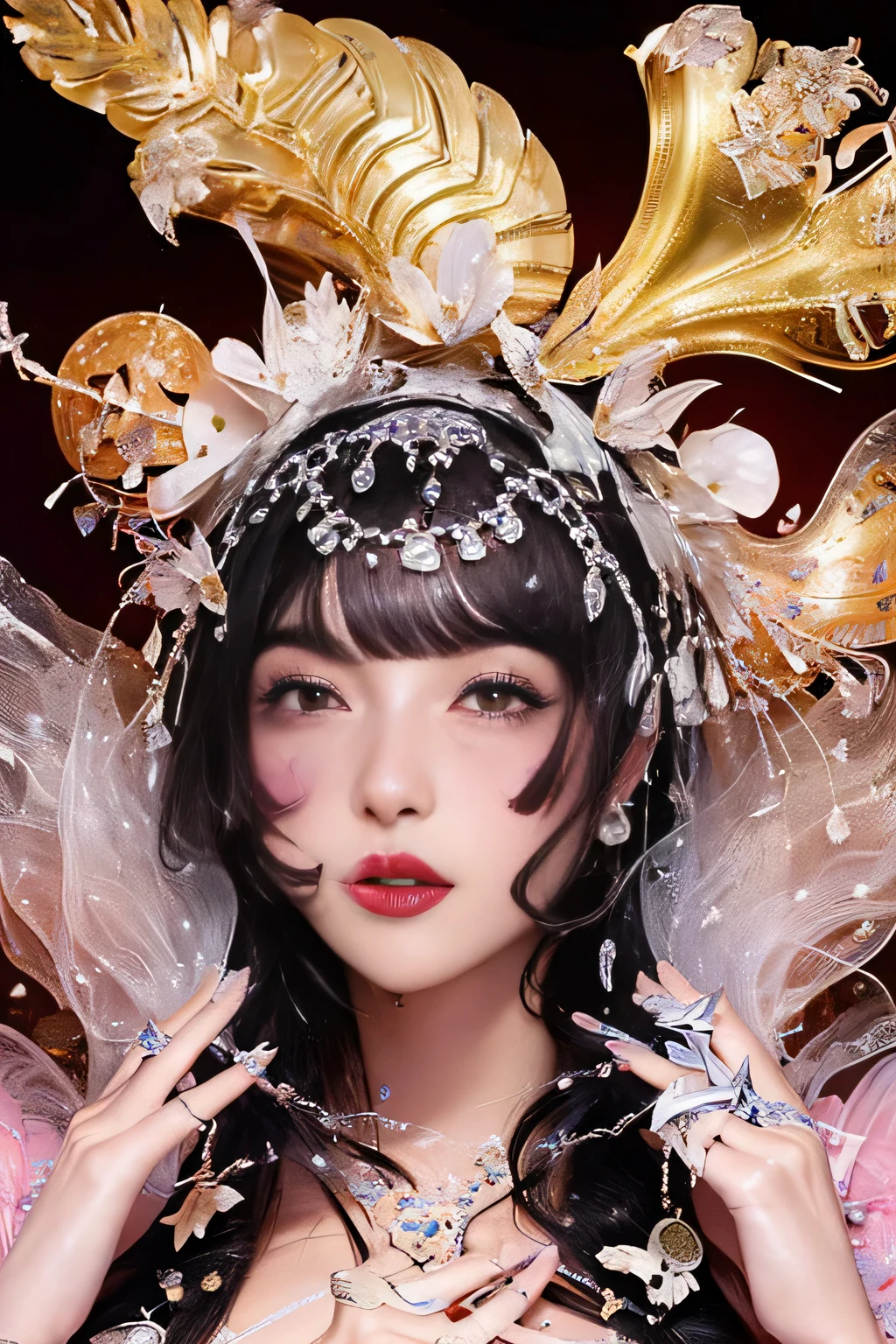 official art、pure 8k wallpaper、Super detailed、beauty and aesthetic、masterpiece、highest quality、(ゼンtangle、datura、tangle、tangle,:1.5)、(fractal art:1.3)、(photorealistic stick:1.2)、(sharp focus)、1 girl 、Accurate anatomy body and hands、Front facing、highly detailed face、beautiful face、perfect face、Big eyes、Eyes of the same size、brown eyes、huge breasts、sensual curves、Insanely intricate and exotic dancer costumes、dynamic pose、Changing the Pose、dynamic angle、(upper body shot)、The most beautiful chaotic shapes、elegant、fauvism design、(bright colors、romantic atmosphere,)、happy mood、beautiful paintings、ecstasy note、 I can see the flowing notes、I don't draw weird fingers.、