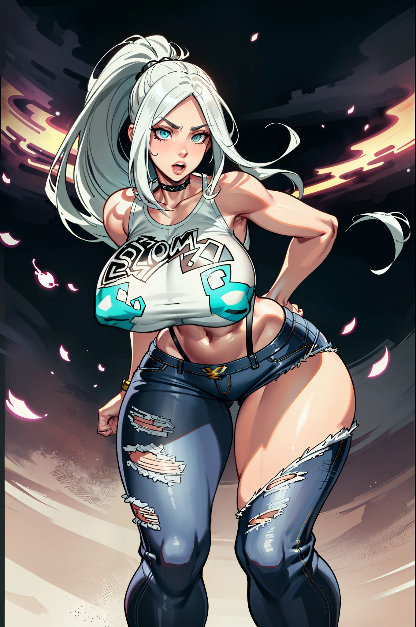 :: JOE MADUREIRA STYLE:: BEAUTIFUL WOMAN perfect and detailed, ultra detailed style clothes with tatoon designs and colors of light pink, black, white and gray, with various full-body attack poses and with immersive effects, hover effect, graphite style background with vibrant colors "ultra hdr" detailed, focus effect, sneakers all star converse black (masterpiece:  1.2, best quality), (finely detailed beautiful eyes: 1.2), extremely detailed hair, depth of field,shot with Canon EOS,lens 135mm f1.8,portrait of [x]((1Girl Kelly Brook Beautiful Woman )),long hair, straight and bright yellow black,with a natural glow and stuck like ponytail ((Solo)), (Ultra detailed eyes:1.4), (Finely detailed eyes and detailed face:1.3), ), (With ULTRA DETAILED jeans and a white t-shirt with full ultra detailed tatoom print:1.3),(torn outfit), (Beautiful and clear background:1.2), (Extremely detailed CG, Ultra-detailed, Best Shadow:1.1),("" character with his super power in the right fist"")((Depth of field and blur)), ((Watercolor)), Large breasts, Bare shoulders, Flowers and petals, Beautiful conceptual illustration , (white background:0.5),  (Illustration :1.1), (extremely fine and beautiful: 1.1), (perfect details: 1.1) graffiti style background, freedom, screaming very loud, with angry face releasing too much power, digital illustration, perfect anatomy, centered, approaching perfection, dynamic, highly detailed, watercolor painting, artstation, concept art, smooth, sharp focus, illustration, perfect anatomy, centered, approaching perfection, dynamic, highly detailed, character sheet,  artstation, concept art, smooth, sharp focus, illustration, full body shot, character sheet, lightning wave, beautiful anime watercolor painting,