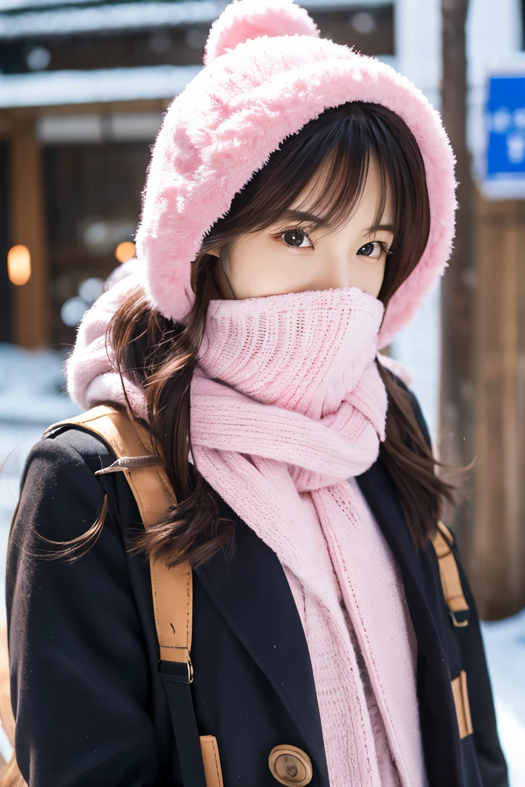 japanese woman　Pink mask　whole body　winter