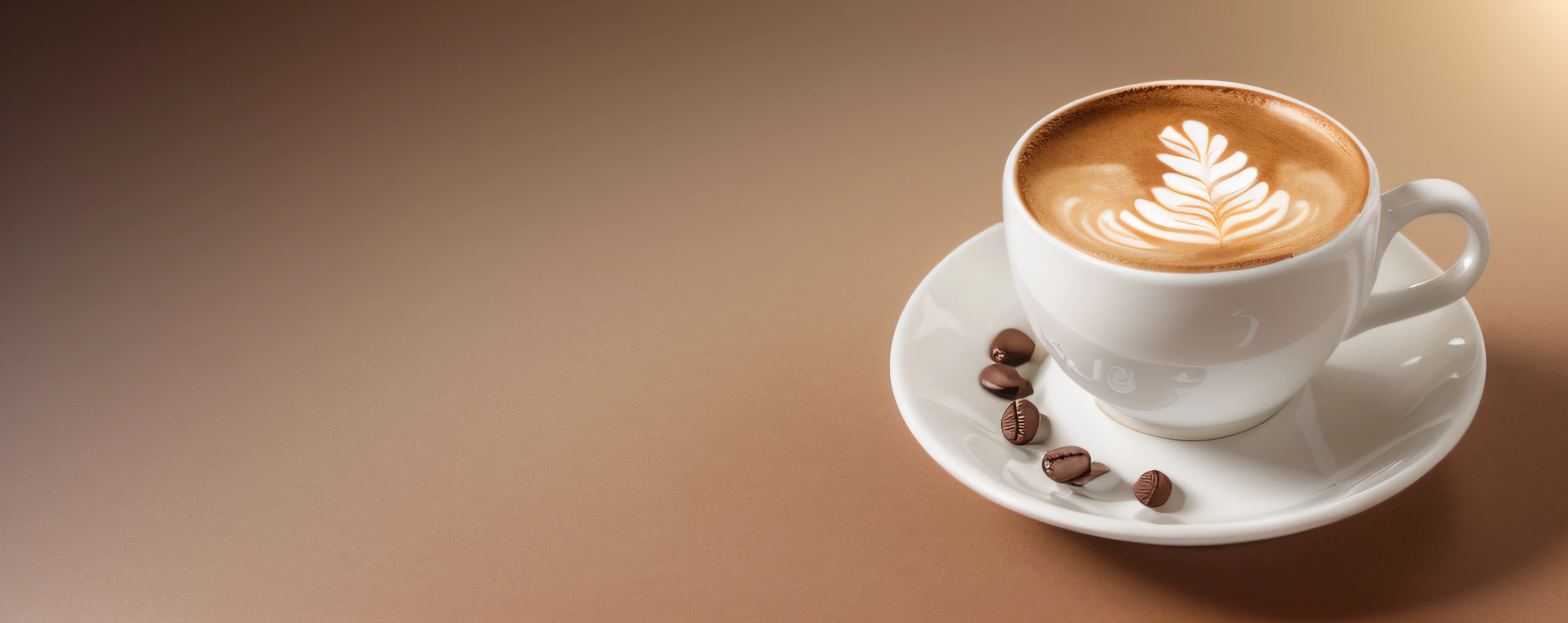 (Best Quality,hight resolution,Ultra-detailed:1.2),Coffee cup,White Details,Bright details on a gradient background in chocolate tones,Coffee beans, sunbeams, High Details, porcelain, ceramic, Gradient tones, warm colours, Sunlight