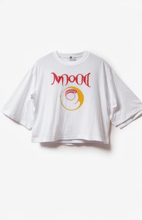 Logo with M and moon. This logo belongs to brand “Mahtab”. This logo is printed on oversized white t-shirt, a Girl wears this oversized t-shirt.(((logo with letter “M”))),(((logo with letter “M”))),(((logo with letter “M”))),(((logo with letter “M”))),