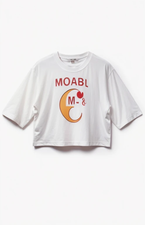 Logo with M and moon. This logo belongs to brand “Mahtab”. This logo is printed on oversized white t-shirt, a Girl wears this oversized t-shirt.(((logo with letter “M”))),(((logo with letter “M”))),(((logo with letter “M”))),(((logo with letter “M”))),