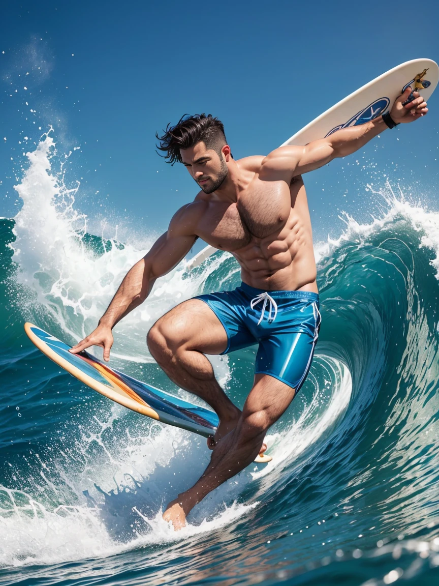 8k,8K resolution,2 Muscular Europeans, handsome man,charming eyes,rough real skin,beautiful, smooth and shiny,Full muscles,Thick body hair, (Wearing fashionable swimming trunks),big bag,emphasize,(Sea surfing),Two men are brave,两个人分别前后在Sea surfing互相追逐,The waves are high,Dashing out of the waves quickly on a skateboard with both feet,Beautiful and professional pose,professional lighting,Professional photography,Realistic photos,realistic model,realistic art