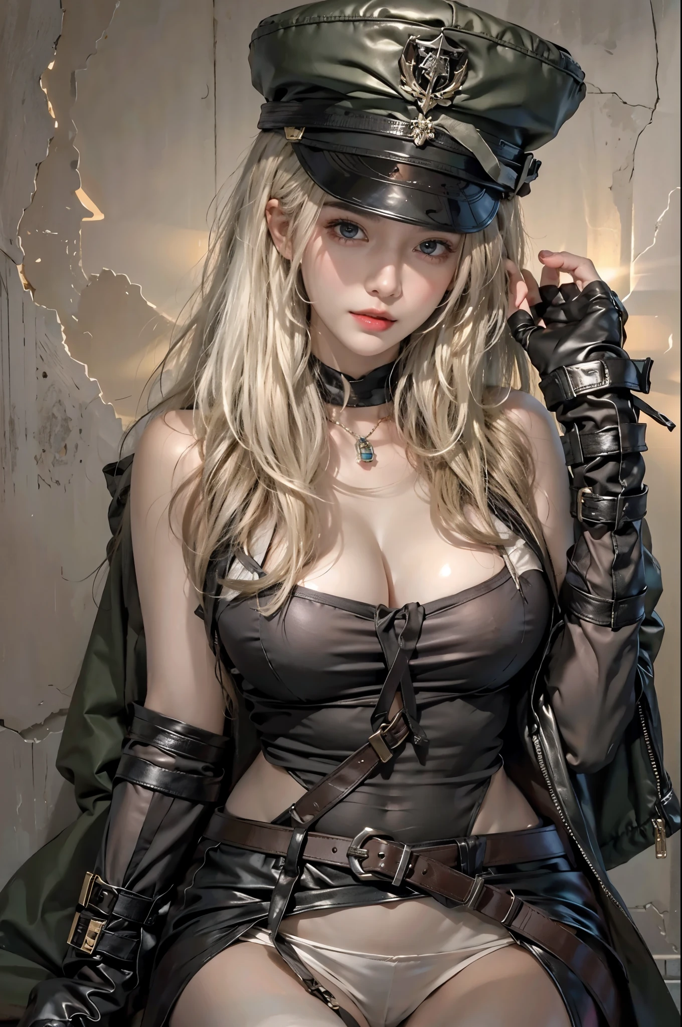 realistic, High resolution, soft light,1 female, alone, hip up, glowing skin, (detailed face),tattoo, jewelry, Bizarre uniform, black stockings, garter belt, night, blonde hair, wavy hair, Beautiful Soldier, Eyes that invite the viewer, lover&#39;s perspective, an inviting look, sexy smile, perfect style, perfect balance, fine skin, naughty look, I can see your chest