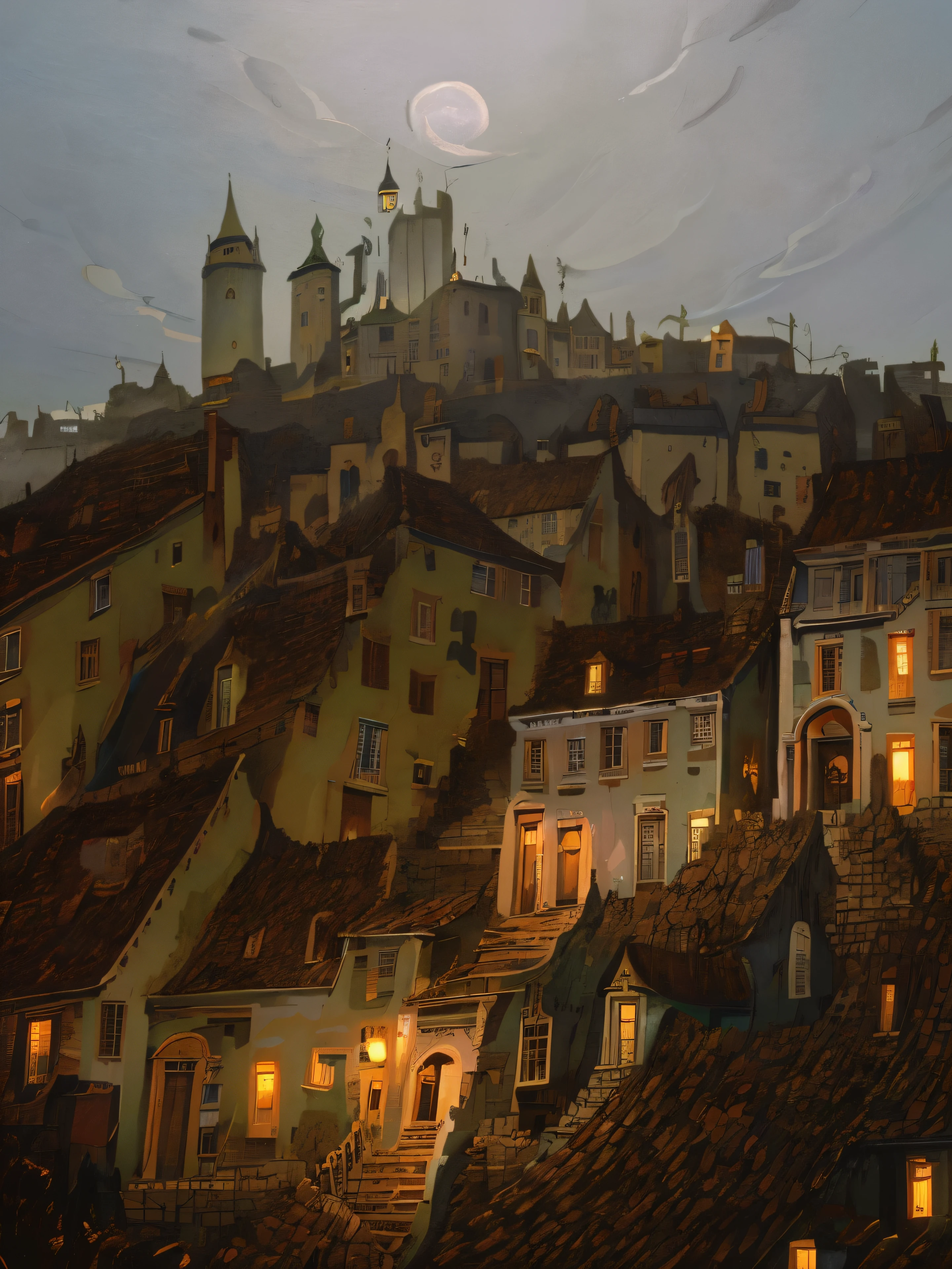 painting of a city at night with a horse and carriage, concept art inspired by Carl Spitzweg, cg society contest winner, conceptual art, stylized urban fantasy artwork, calm night. digital illustration, fantasy cityscape, howl\'s moving castle at night, twilight city on the background, cartoon moody scene, night cityscape, magical realism style, sergey zabelin, town background