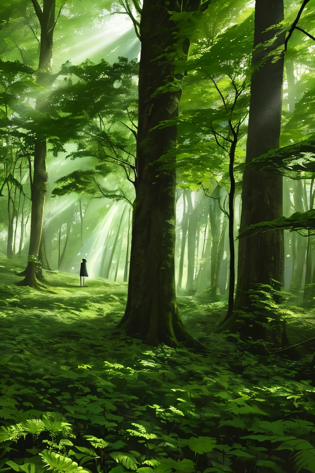 In the heart of a virgin forest, where the air is thick with the scent of untouched nature, lies a scene of deep serenity and a hint of danger. The forest is a dense labyrinth of towering trees, their leaves forming a canopy that casts dappled shadows over the forest floor. Sunrays pierce through the leaves, creating beams of light that dance among the foliage.
The forest floor is a carpet of emerald moss and vibrant wildflowers, speckled with the occasional fern or mushroom. The silence is sacred, only occasionally broken by the distant calls of birds and the soft rustle of leaves underfoot.
Yet
