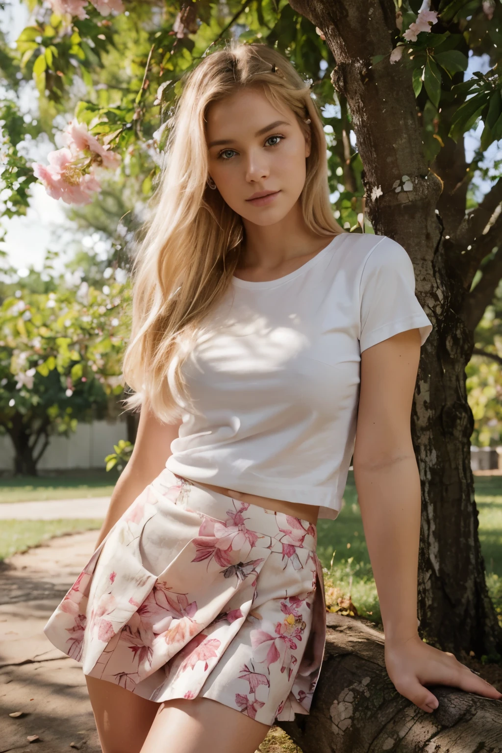 blonde girl, green eyes, slim about 45 kilos, 150 centimeters tall, perfect waist, beautiful and perfect smile, textured skin, beautiful and perfect appearance, real life. dressed in a beautiful short, flowered miniskirt up to the thighs, a red t-shirt, a denim jacket and sneakers. 