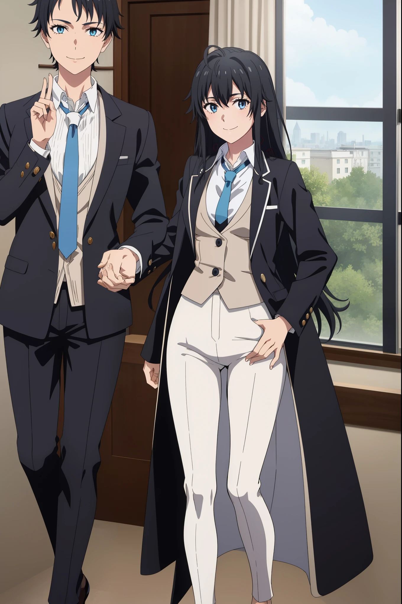 
((best quality)), ((masterpiece)), (detailed) 1girl, ;\), blurry, blurry_background, breasts, , hair_long looking_at_viewer, ok_sign, open_hand, Yukinoshita Yukino ,Woman wearing formal clothes, An attractive coat stands in a large gap in the room , 1girl, 独奏, blue necktie, Black hair, eyes blue, long hair, smile , collared shirt, white pants, white shirt , Elegantly designed coat , Stand in front of a window ,Perfectly tailored tailcoat. It has a stunning Victorian design and is made of lustrous fabric
