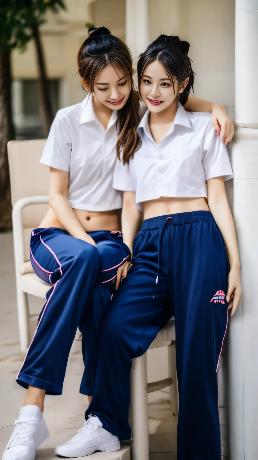 2 girls sitting on chairs, Navy blue short-sleeved shirt,Navy Long Trackpant,Sweatpants, Sweatpantsขายาว, หญิงรักhave sex, coax, Sexual arousal, Realistic poses, exercise clothes, exercise clothes, have sex