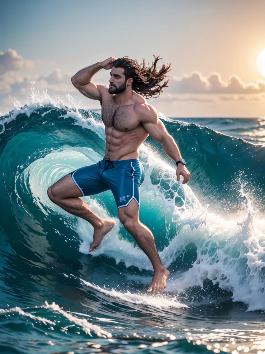 8k，8K resolution，2 Muscular Europeans, handsome man，charming eyes，rough real skin,beautiful, smooth and shiny，Full muscles，Thick body hair， (Wearing fashionable swimming trunks)，big bag，emphasize，(Sea surfing)，Two men are brave，两个人分别前后在Sea surfing互相追逐，The waves are high，Dashing out of the waves quickly on a skateboard with both feet，Beautiful and professional pose，professional lighting，Professional photography，Realistic photos，realistic model，realistic art