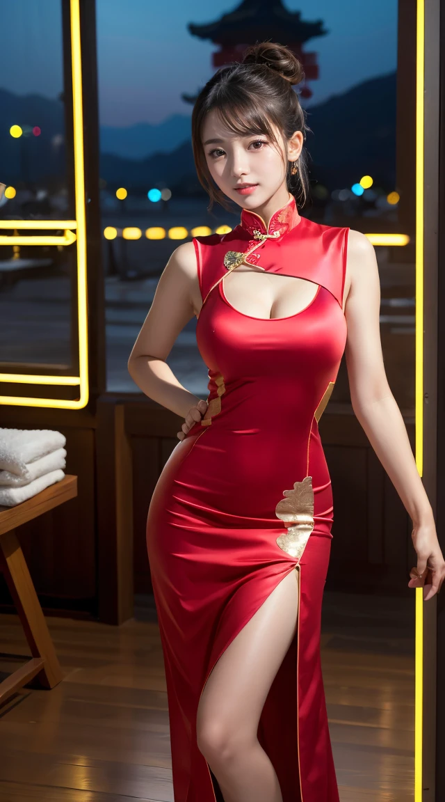 (((full body,including legs)))、(((qipao,traditional chinese dress,high neck dress,long dress,with gold line)))、(((top knot hair))),(high-heel),  oily hand、wet hand、high heel、Dressed up、(Photo real:1.4)、(A hyper-realistic:1.4)、(Photorealistic:1.3)、 (gentle lighting: 1.05)、(Improve the lighting quality of your video:0.9)、32k、 1Girl、28years old girl、photorealistic lighting、Back lighting、Facial Lights、Ray Trace、(bright:1.2)、(Increase quality:1.4)、 (best quality real texture skin)、Fair eyes,Delicate and delicate face, Close-up of the breasts, (Bodyline mood improvement:1.1)、good figure,Glossy skin、wavy hair,blonde hair,韓国アイドル、乃木坂アイドル、Sculptural Idol Pose、little smile,blush,Beautiful actress、 (((midium breasts,beautiful breasts))),(perfect row of teeth),slender waist and hip,beautiful long legs,full shot)、((8heads tall)、(((誘惑している、恥ずかしい)))、dynamic pose,(eye shadow),((red cheek、red lips)),Super Clean Night View、night time、blush,little smile,(((full shot)))、(((in the luxury massage room,with bed,with window,in the night,neon sign))),