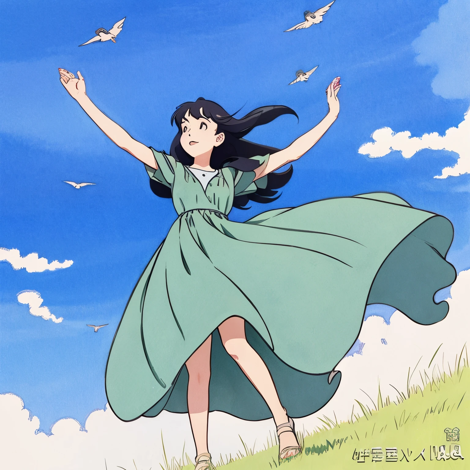 「Wearing an elegant dress that flies in the sky、Try drawing a Ghibli-style female character dancing with the wind.。」