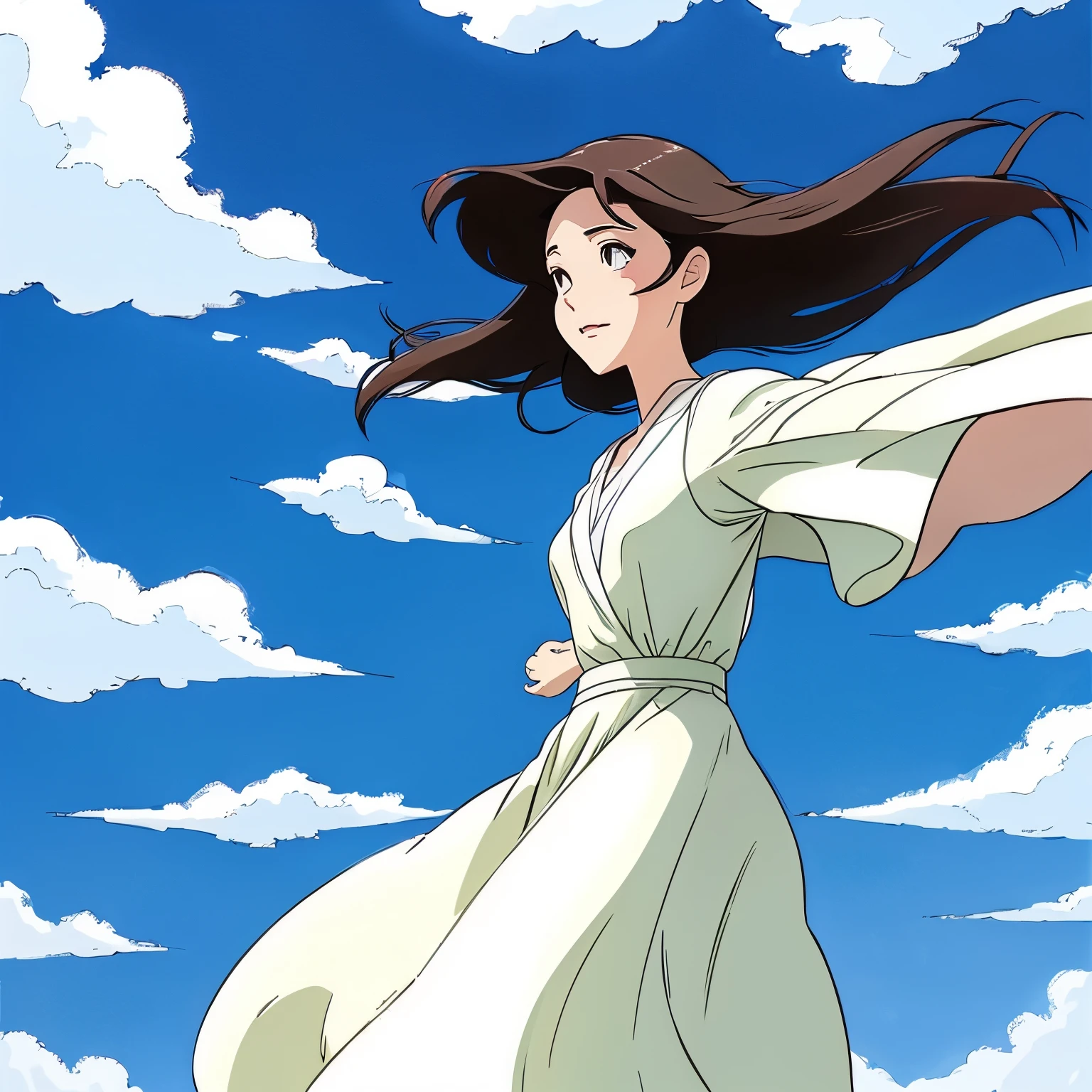 「Wearing an elegant dress that flies in the sky、Try drawing a Ghibli-style female character dancing with the wind.。」