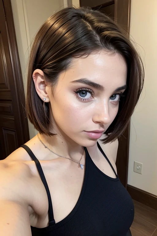 Belle fille, Marron_eyeeautiful mince adolescente de 18 ans, cheveux color [Brown highlights cheveux], [Pixie undercut] cheveux)), boucles d’oreilles, lèvres, Réaliste, taille étroite, charmant, pink lèvrestick, maquillage coloré, Cils longs, boucles d’oreilles, porter de l’eye-liner, peau claire, (mignon), (face détaillée), Yeux détaillés, Iris détaillé, corp magnifique, corps athlétique, abdominaux prononcés sur l&#39, pantalon moulan, pull , sac LV, parfait cul rond moyen, Selfie Photo, vue arrière, moulant 