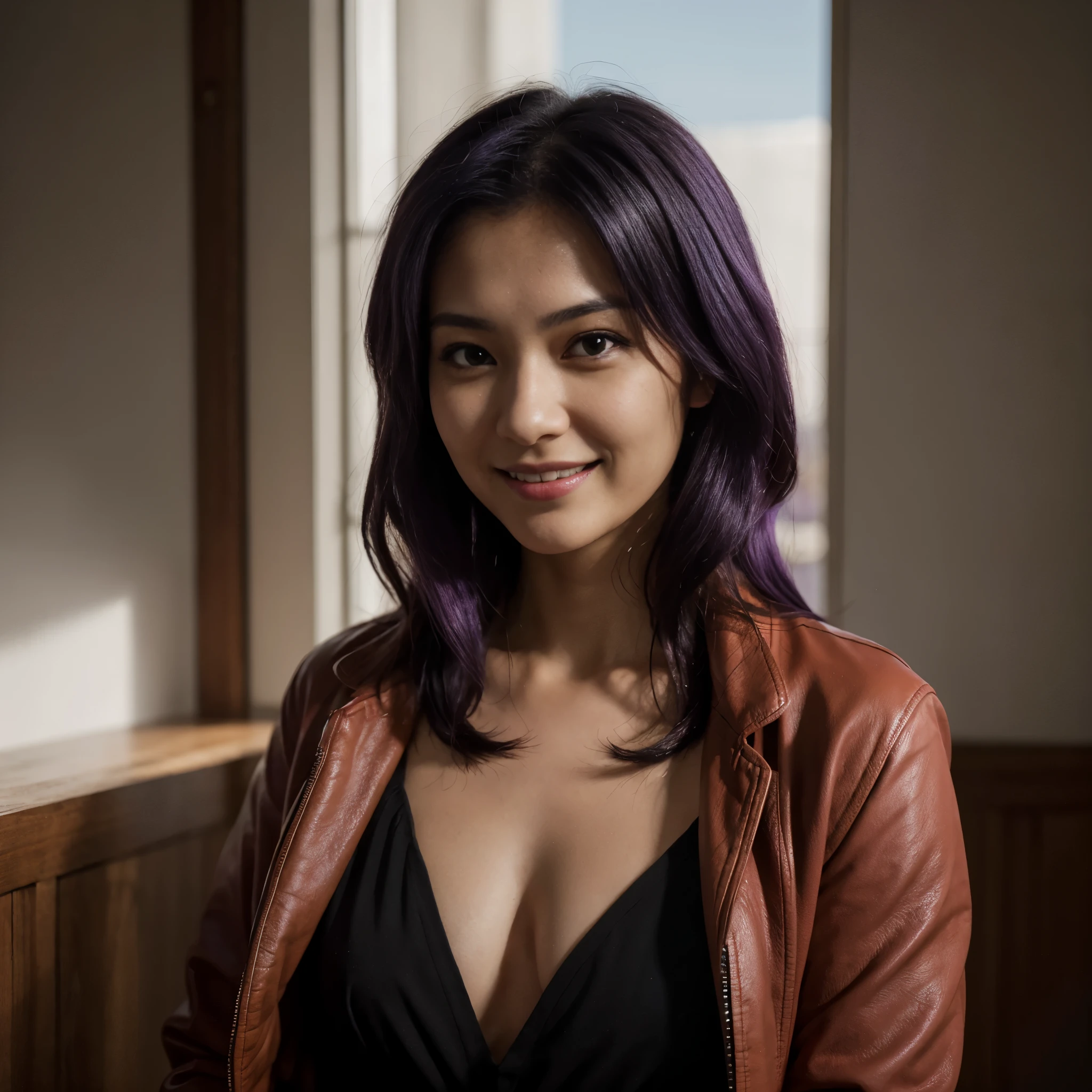 (best quality, highres), portrait of Misato Katsuragi, Purple medium purple Hair, Mixed Beautiful Pretty 28 years old Japanese babe, small beautiful brown eyes, intense gaze, beautiful lips, red leather jacket, black dress, combine realism and beautiful anime influenced, confident looks, smiling, 