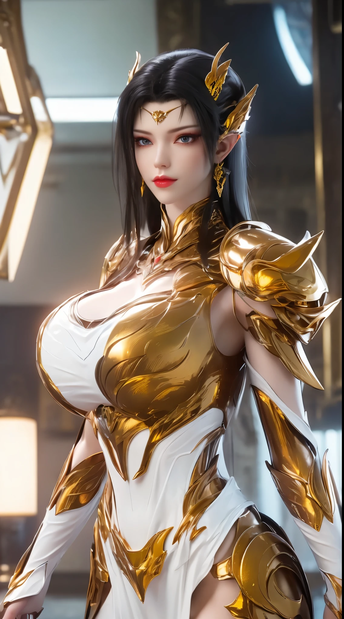 A beauty girl with black hair, 1GIRL, (PHOENIX GOLD HELM), (BIG BUTTOCKS, HUGE FAKE BREAST:1.5), (CLEAVAGE:1.5), (MUSCLE ABS:1.3), (MECHA GUARD ARMS, DIAMOND CORE IN MECHA ARMOR:1.1), (RED SHINY FUTURISTIC MECHA ARMORED GEAR, BLACK MECHA SKINTIGHT SUIT PANTS, CLOSE UP HALF BODY:1.5), (SEXY PERFECT THICC BODY, GLOWING SKIN:1.1), (LOOKING AT VIEWER:1.3), (PORTRAIT:1), (WALKING HALLWAY OF FUTURISTIC SPACE STATION:1), (BRIGHT LIGHT WHITE_ROOM:1.3), HYPER TEXTURE, UNREAL ENGINE RENDER, PHYSICALLY-BASED RENDERING, ULTRA HIGHT DEFINITION, 16K, 1080P.