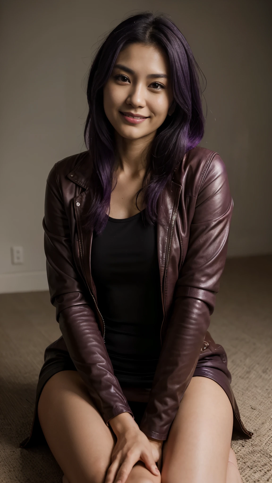 (best quality, highres), portrait of Misato Katsuragi, Purple medium purple Hair, Mixed Beautiful Pretty 28 years old Japanese babe, small beautiful brown eyes, intense gaze, beautiful lips, red leather jacket, black dress, combine realism and beautiful anime influenced, confident looks, smiling,