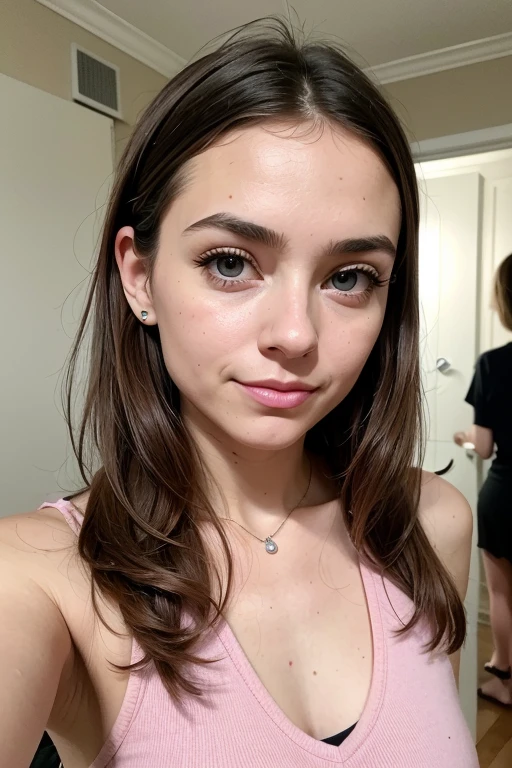 Belle fille, Marron_eyeeautiful mince adolescente de 18 ans, cheveux color [Brown highlights cheveux], [Pixie undercut] cheveux)), boucles d’oreilles, lèvres, Réaliste, taille étroite, charmant, pink lèvrestick, maquillage coloré, Cils longs, boucles d’oreilles, porter de l’eye-liner, peau claire, (mignon), (face détaillée), Yeux détaillés, Iris détaillé, corp magnifique, corps athlétique, abdominaux prononcés sur l&#39, pantalon moulan, pull , sac LV, parfait cul rond moyen, Selfie Photo, vue arrière, moulant 