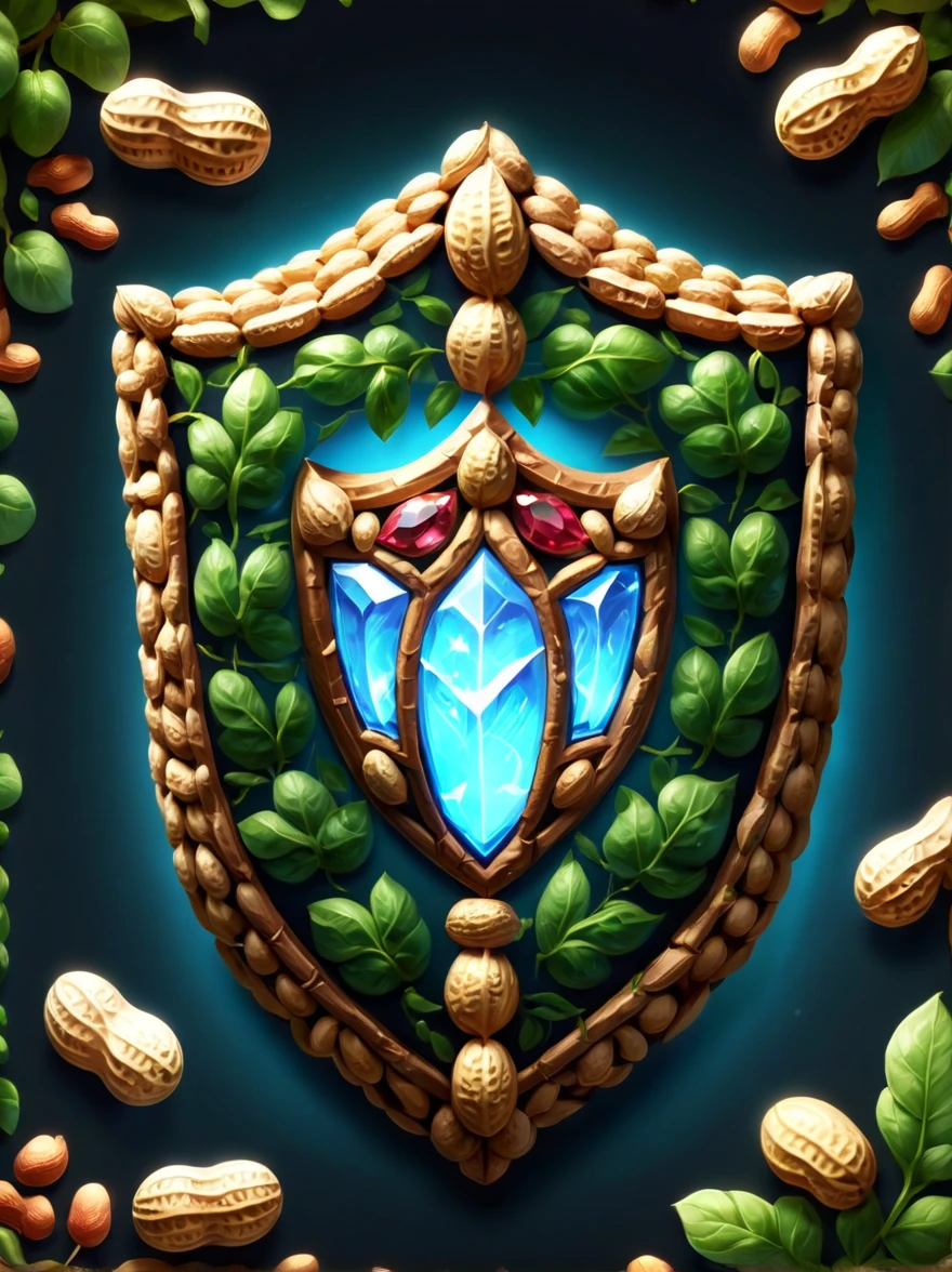 High quality concept game art of fantasy Peanuts shield, simple background, extremely detailed, glowing transparent gem powers, made of intricate Peanut vines, concept weapon art