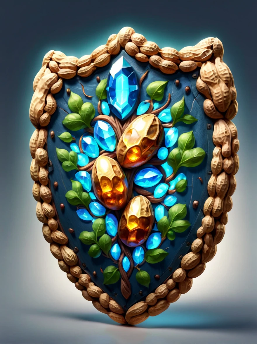 High quality concept game art of fantasy Peanuts shield, simple background, extremely detailed, glowing transparent gem powers, made of intricate Peanut vines, concept weapon art