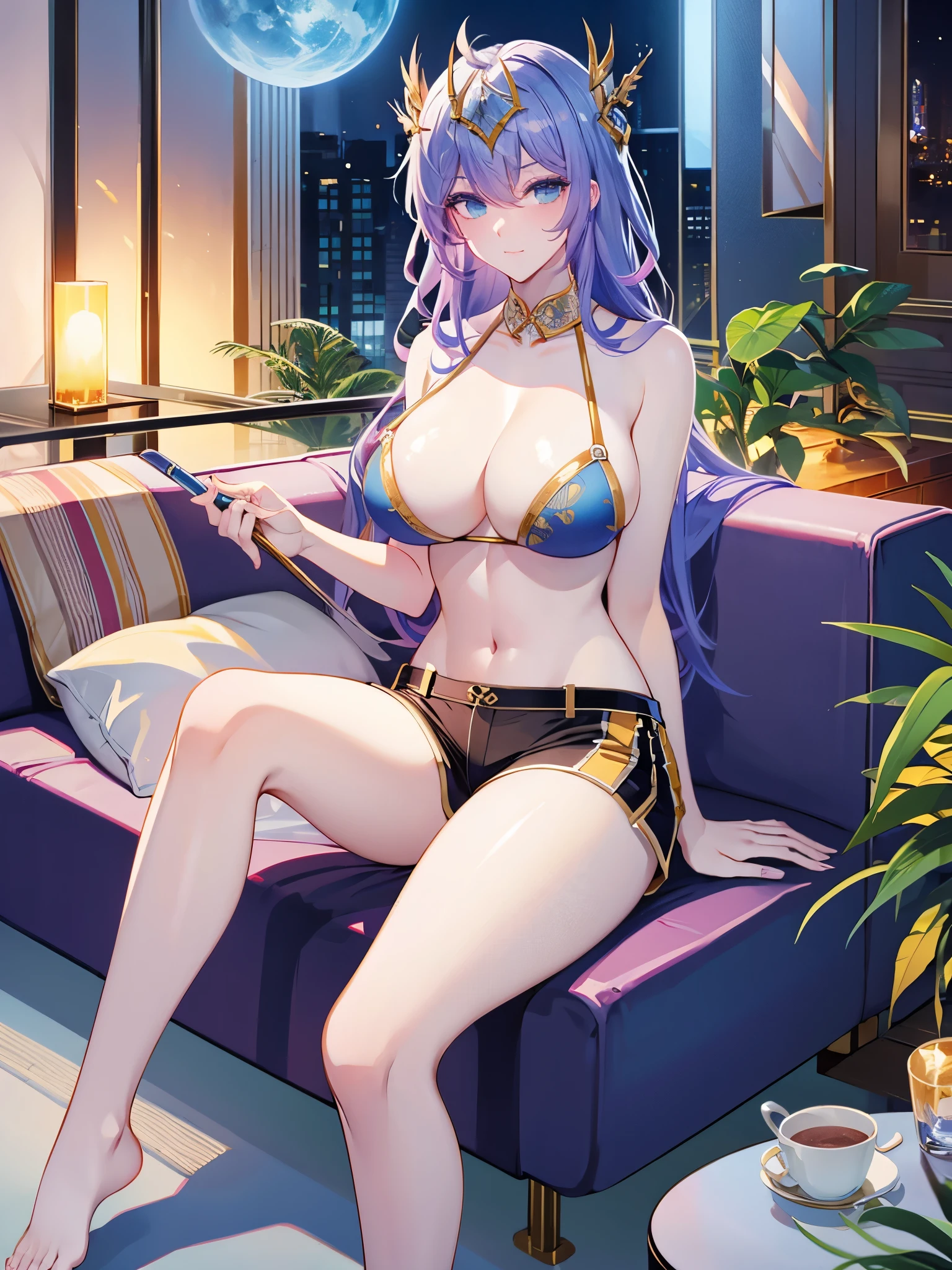 Tang Wutong, big boobs, wearing bikini top and cotton shorts, sitting on sofa, house