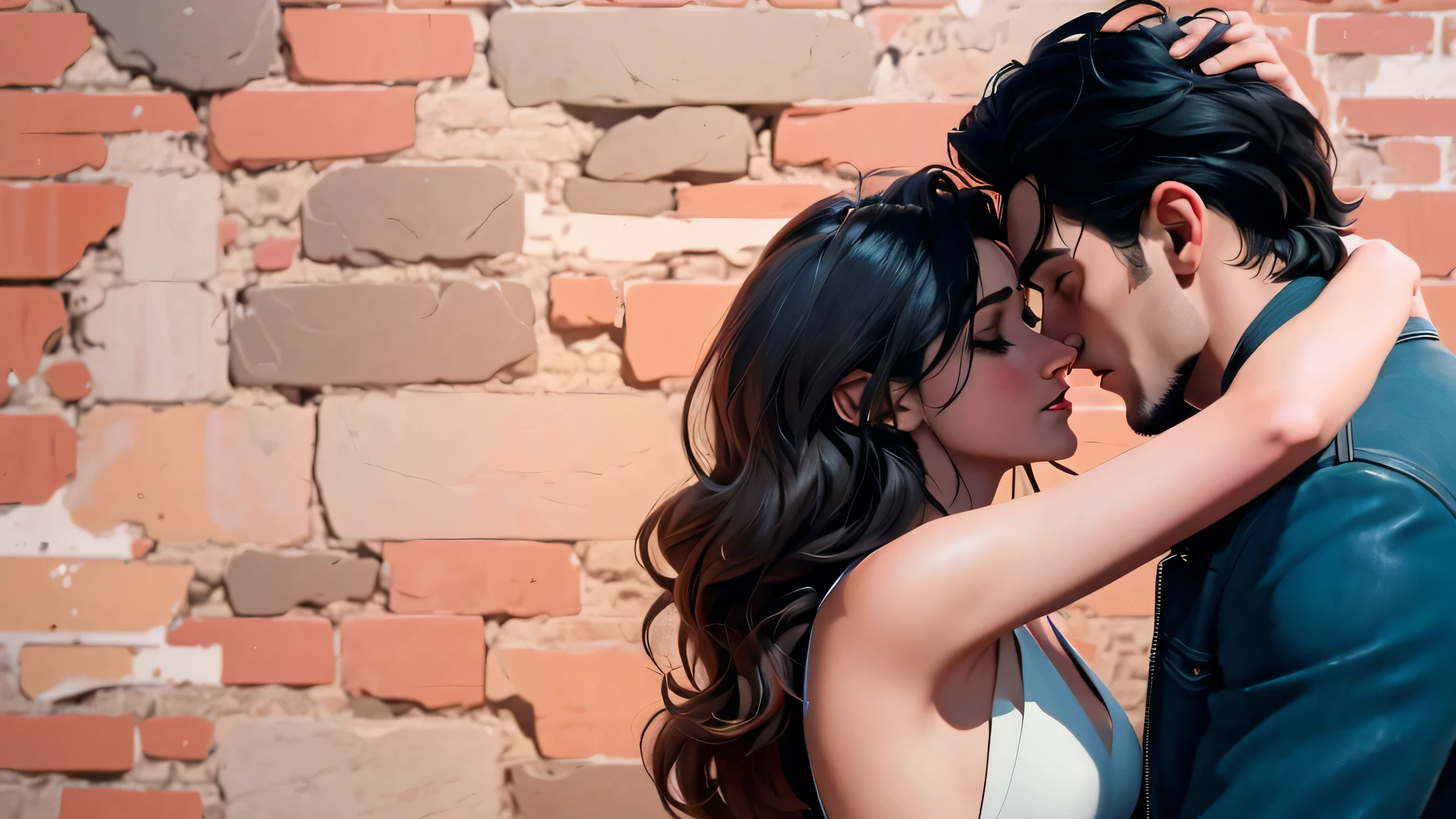 there is a man and woman that are kissing in front of a brick wall, youtube video screenshot, kiss, still from a music video, music video, still from a terence malik film, high quality film still, photoshoot, fanart, kissing together cutely, still from the movie, video still, smooth in _ the background, teaser, full scene shot, mixed art