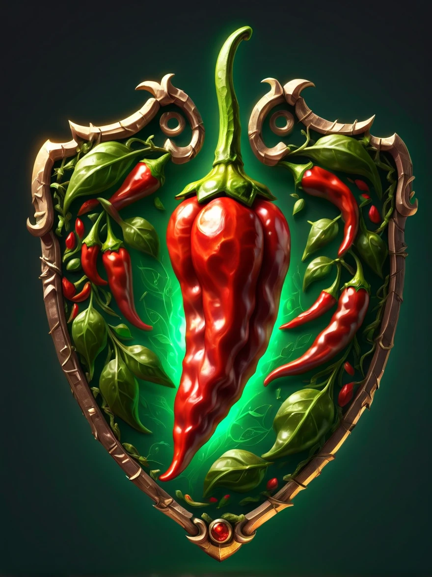 High quality concept game art of the fantasy Chili Pepper Shield, simple background, extremely detailed, glowing transparent gemstone power, made from intricate Chili Pepper vines, concept weapon art