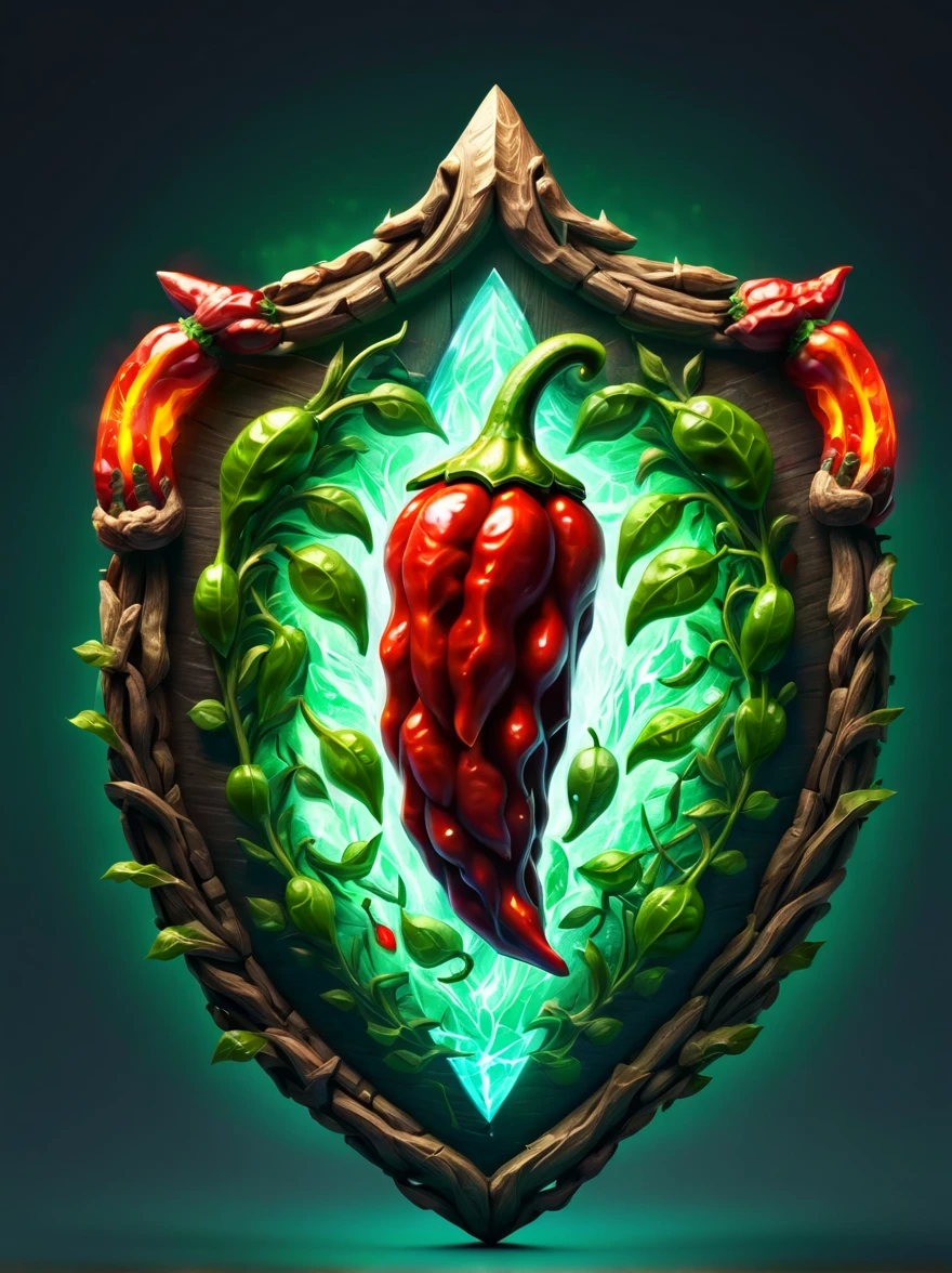 High quality concept game art of the fantasy Chili Pepper Shield, simple background, extremely detailed, glowing transparent gemstone power, made from intricate Chili Pepper vines, concept weapon art