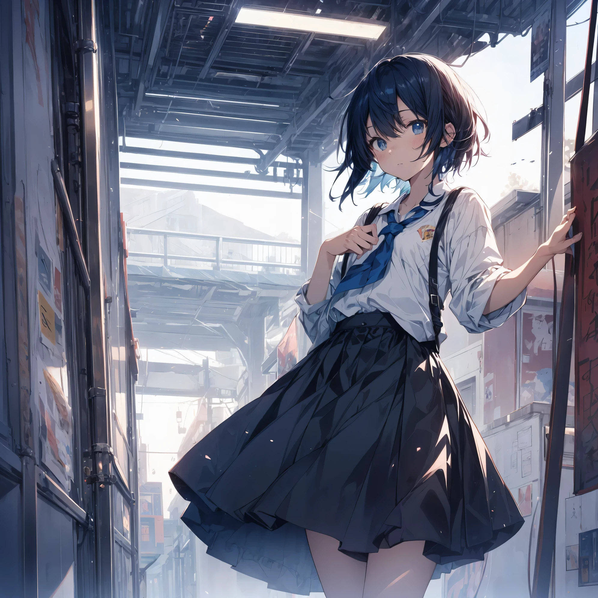 super highest quality, super detailed, High resolution, anime moe art style, best anime 8K konachan wallpaper, pixiv contest winner, perfect anatomy, break,(眠そうにalone学校へ行く女の子を描いてください. ),break, surreal high school girl, (alone,, child,13 years old:1.3),All limbs, full finger,Middle school students, androgynous charm, (very short hair), messy hair, flat chest, small ass, between legs, Small black eyes,beautiful and fine eyes, Well-proportioned iris and pupils, disgusted eyes, High resolutionの詳細な髪, , (skirt), On the way to school. break,super dense skin, Best lighting by famous artists, 8K, figure,