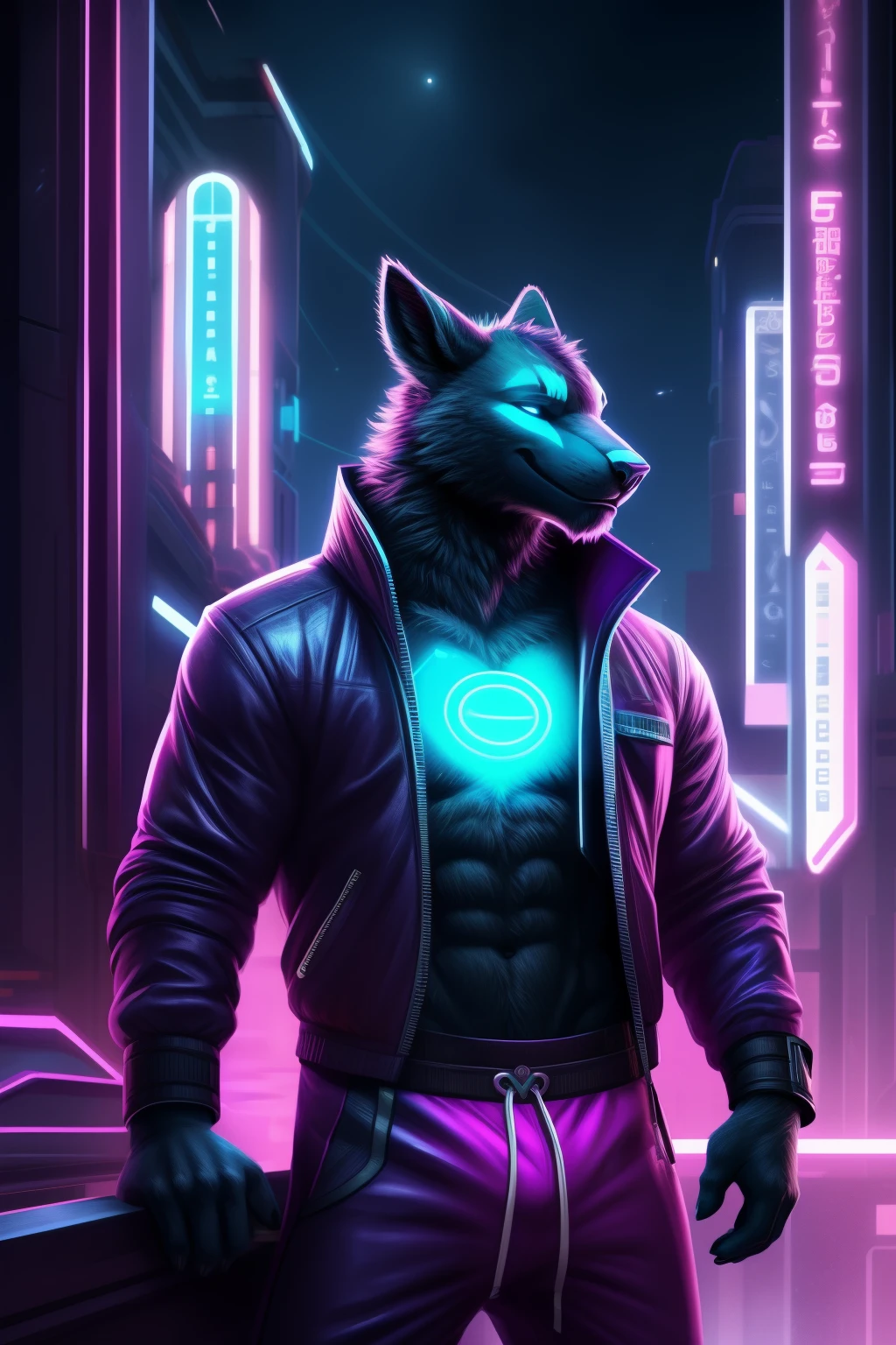 In the realm of DeviantArt, a mesmerizing neon fantasy character crafted by the skilled hands of artist Dorota comes to life. The Last Guardian, with an enigmatic aura, is depicted as a solo figure in this intricately detailed illustration. His anthropomorphic form exhibits a muscular build, embodying an otherworldly combination of grace and power. He bends over, leaning against the barrier of an otherworldly cityscape, gazing intently at the scene before him with closed eyes. Neon cyberpunk accents adorn his attire, including a vibrant jacket, and striped sweatpants, contributing to the captivating ambiance. His v
