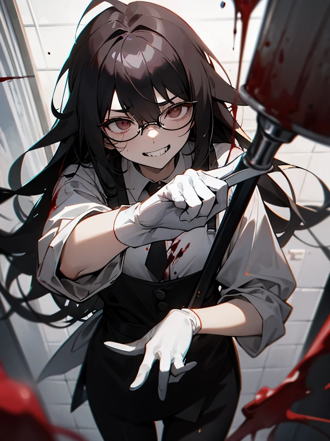 messy hair、medium long hair、Less hair、Black glasses、Square glasses、glasses with thick frames、slanted eyes、pale eyes、nosebleed、sharp teeth、grin、、bath、bathの中に血、full of blood、Blood droplets、white gloves、black clothes、black pants、wears a white collared shirt underneath、red blood、thin、blood flows from the shower、apron、Cleaning、Blood is flowing、Have an ax、severed head、Blood droplets、Square glasses、The shower is running