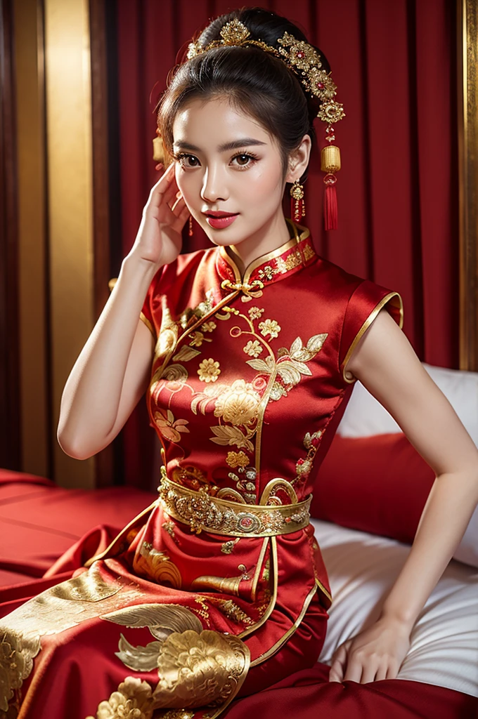 arafed woman in a red dress sitting on a bed, chinese dress, cheongsam, traditional chinese, chinese style, traditional chinese clothing, chinese costume, wearing a red cheongsam, Bridal Portrait Style,wearing an ornate outfit, ao dai, with acient chinese clothes, traditional clothing, traditional dress, traditional clothes, red and gold sumptuous garb   