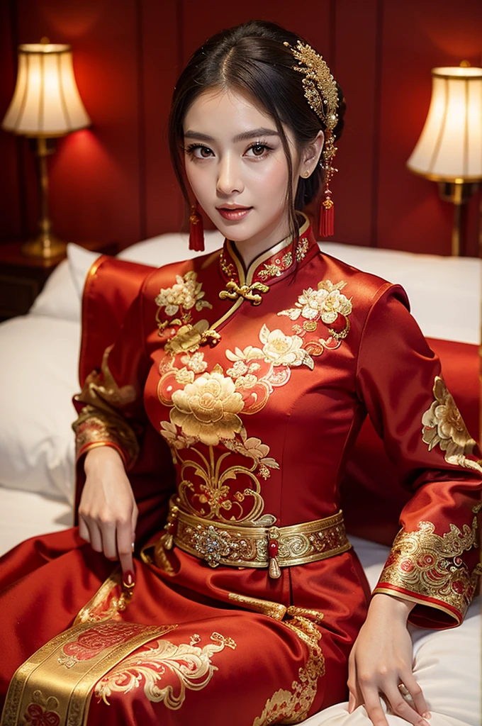 (Best quality, masterpiece: 1.2), portrait, an enchanting woman in a red cheongsam, Chinese dress, traditional Chinese clothing, bridal portrait style, wearing an ornate outfit, sitting elegantly on a bed, rich red and gold sumptuous garb, intricate cheongsam design, golden accessories, traditional Chinese aesthetics, Chinese culture, exquisite details: 1.5.