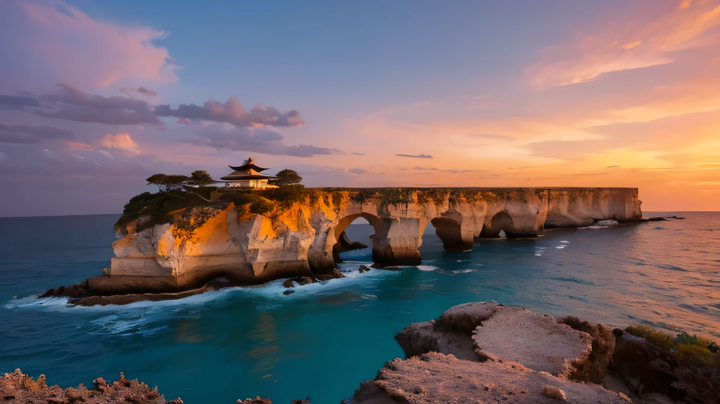 Coral reef sea、steep cliff、Old temple、sunset