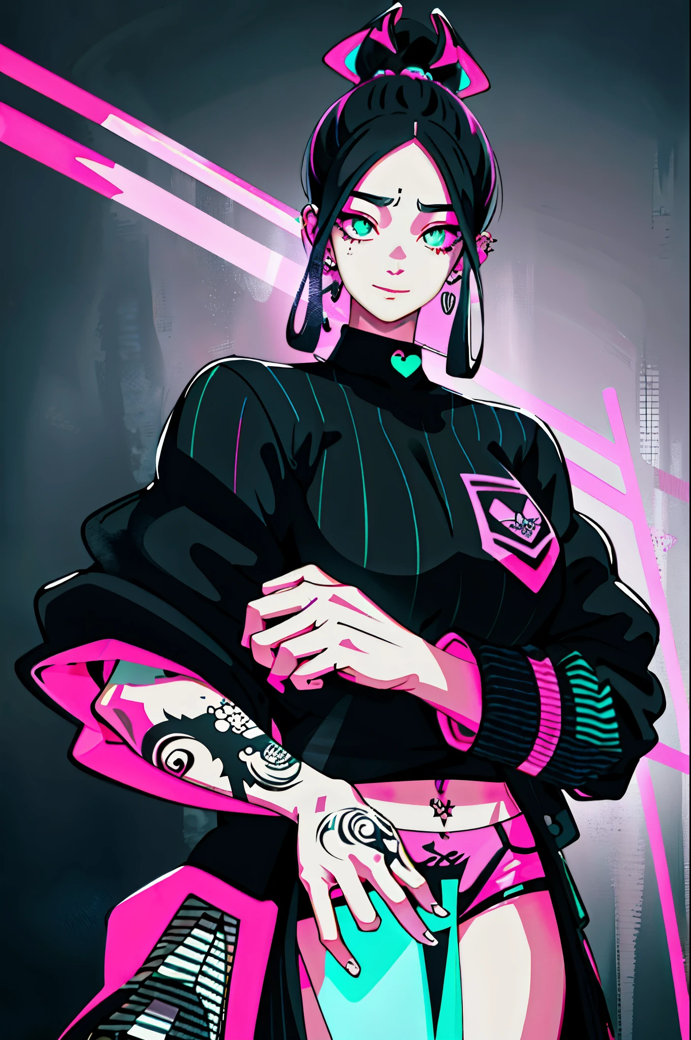 kpop girl with rizz smile face, bad ass, black,neon cyan pink hair, tattoos on hands and neck, piercing, black mixed green striped sweater, cool badass pose, smoke background, colorful smoke background