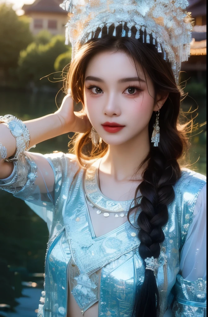 best quality， ultra high resolution， Official wallpaper， （lifelike：1.4）， （1Hmong girl）， （18 year old girl），Hmong headdress，Hmong clothes， Highly detailed face， beautiful eyes， （Smile：0.6）， looking at the audience，（After the rain，outdoor，moist）Extremely detailed CG Unity 8k wallpapers， light in face， illumination， Traditional headwear， whole body， masterpiece，超lifelike，32k，Extremely detailed CG Unity 8k wallpapers， best quality

