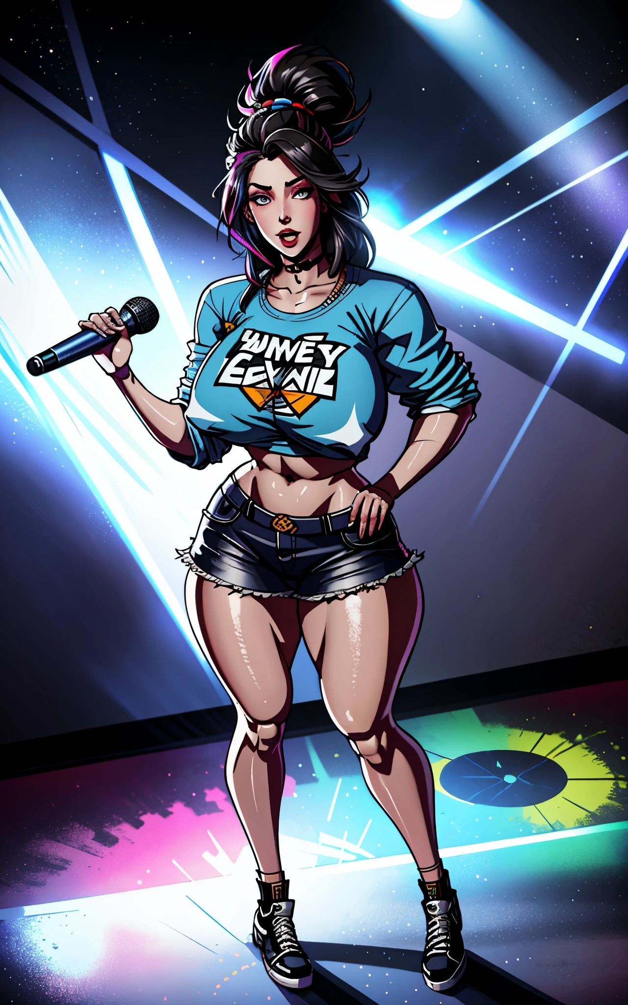 short pants, zip open,(( no bra)), hair flying, short shirt, dynamic pose, full body ,panties,perfect hands, five perfect fingers, (((wings made of sounds))), Goddess of sounds, power coming from sounds , Musical note flying,Temple of music,