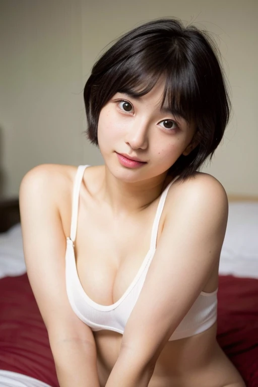 A cute and sexy 20-year-old woman with a short cut who looks like Haruka Ayase.、open your mouth、oqen mouth sitting on the bed with an inviting look