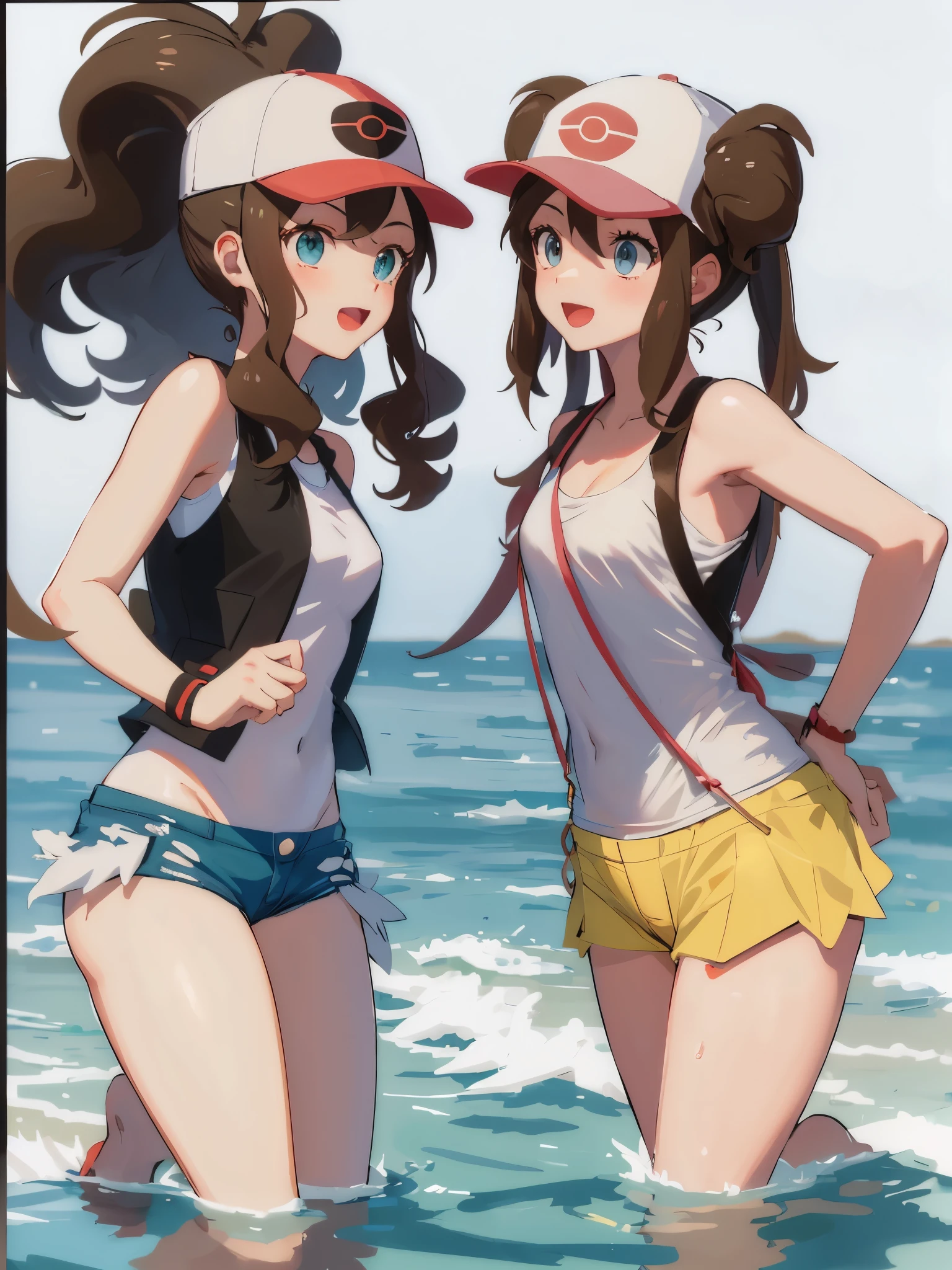 Two people，Pokémon characters of Hilda and Rosa，Both were wearing white swimsuits，green eyes，hat，outdoor，Water's Edge