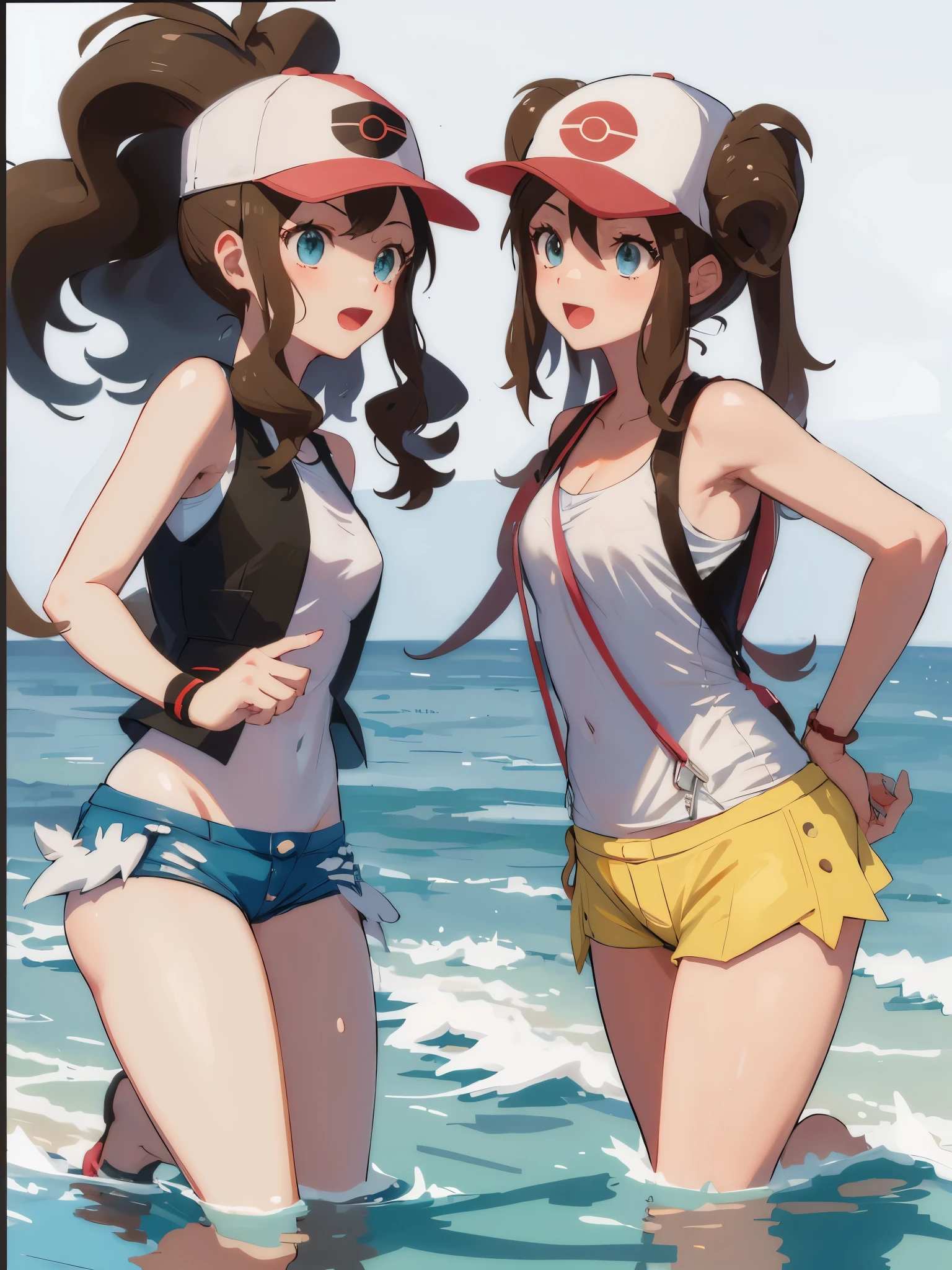 Two people,Pokémon characters of Hilda and Rosa,Both were wearing white swimsuits,green eyes,hat,outdoor,Water's Edge