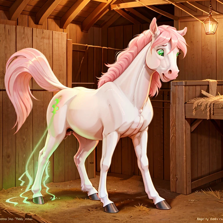 shocked slim and tall feral Female horse with White fur and long pink mane and tail and glowing Green eyes standing on all fours hooves there are some traces of magic floating around her she is in a stable