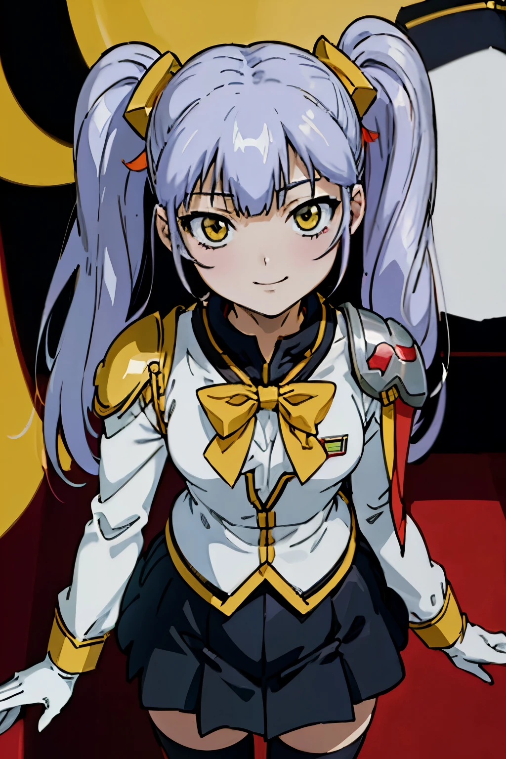 (masterpiece), (best quality), detailed face, anime \(style\), hoshino_ruri_(nadesico), 1girl, looking at viewer, purple hair, yellow eyes, twintails, hair ornament, white gloves, smile, evil smile, portrait, badge, (white_bowtie:1.4), white pleated skirt, (black uniform jacket:1.2), a red cloak on the inside and black on the outside, (a red hat with yellow ribbons:1.2), yellow ribbon, brass shoulder armor, Yellow shirt, black thighhighs, standing,