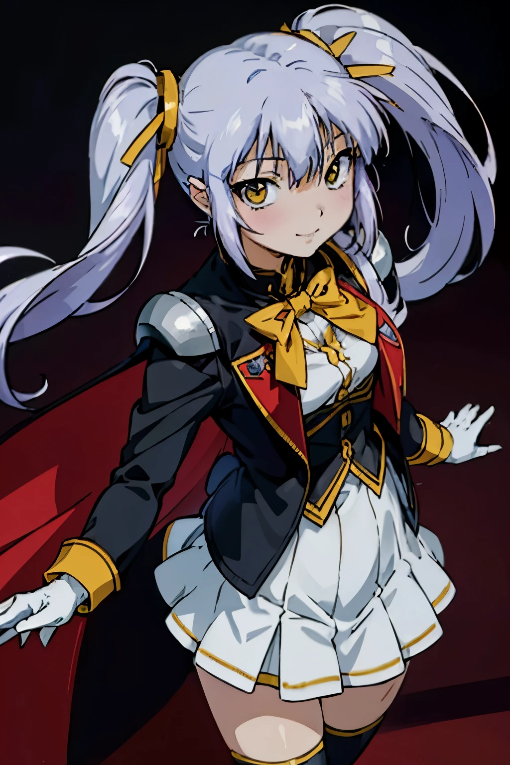 (masterpiece), (best quality), detailed face, anime \(style\), hoshino_ruri_(nadesico), 1girl, looking at viewer, purple hair, yellow eyes, twintails, hair ornament, white gloves, smile, evil smile, portrait, badge, (white_bowtie:1.4), white pleated skirt, (black uniform jacket:1.2), a red cloak on the inside and black on the outside, (a red hat with yellow ribbons:1.2), yellow ribbon, brass shoulder armor, Yellow shirt, black thighhighs, standing,